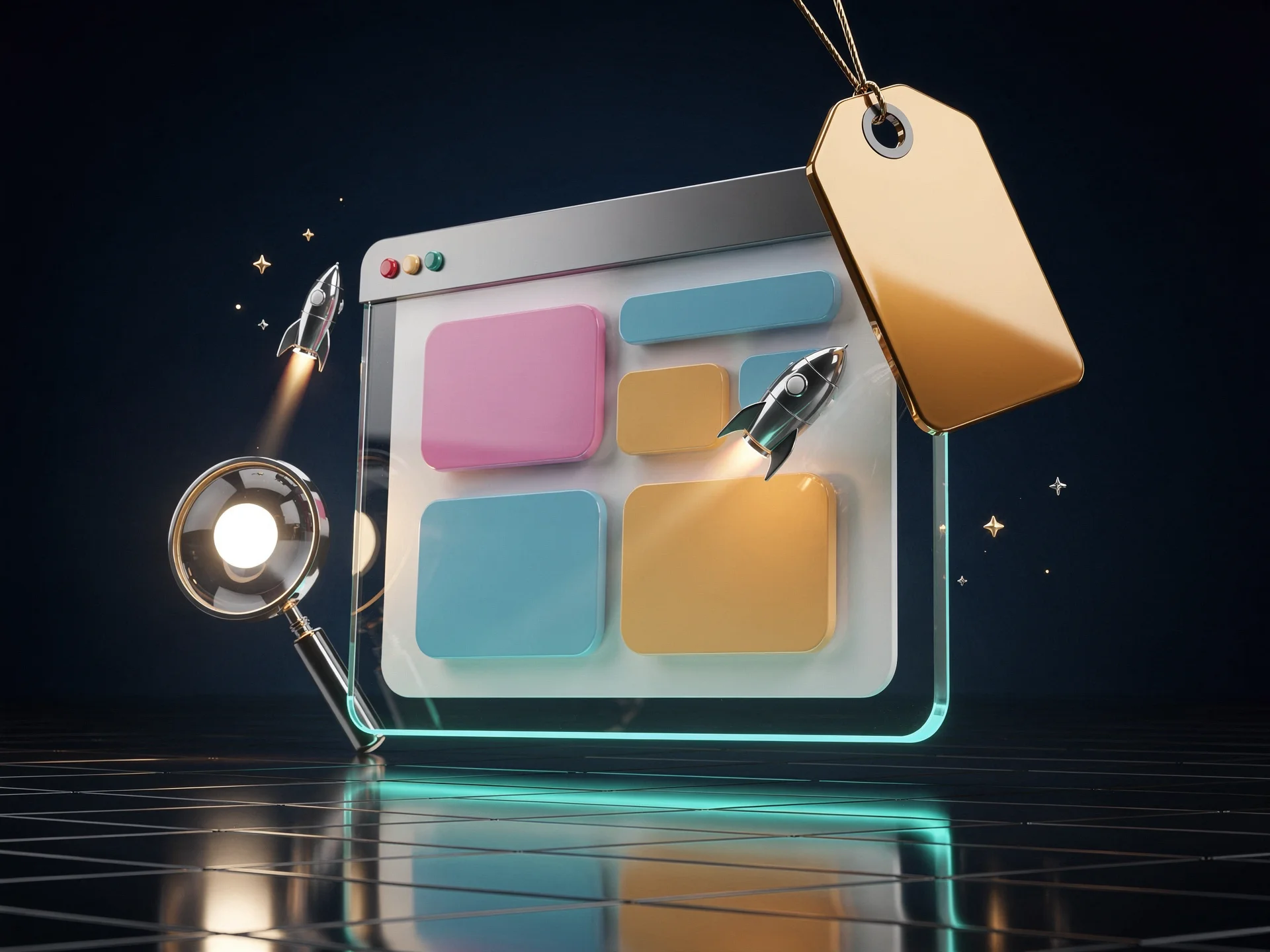 3D illustration of a custom website in a glass browser window with a golden price tag, rockets and a magnifying glass